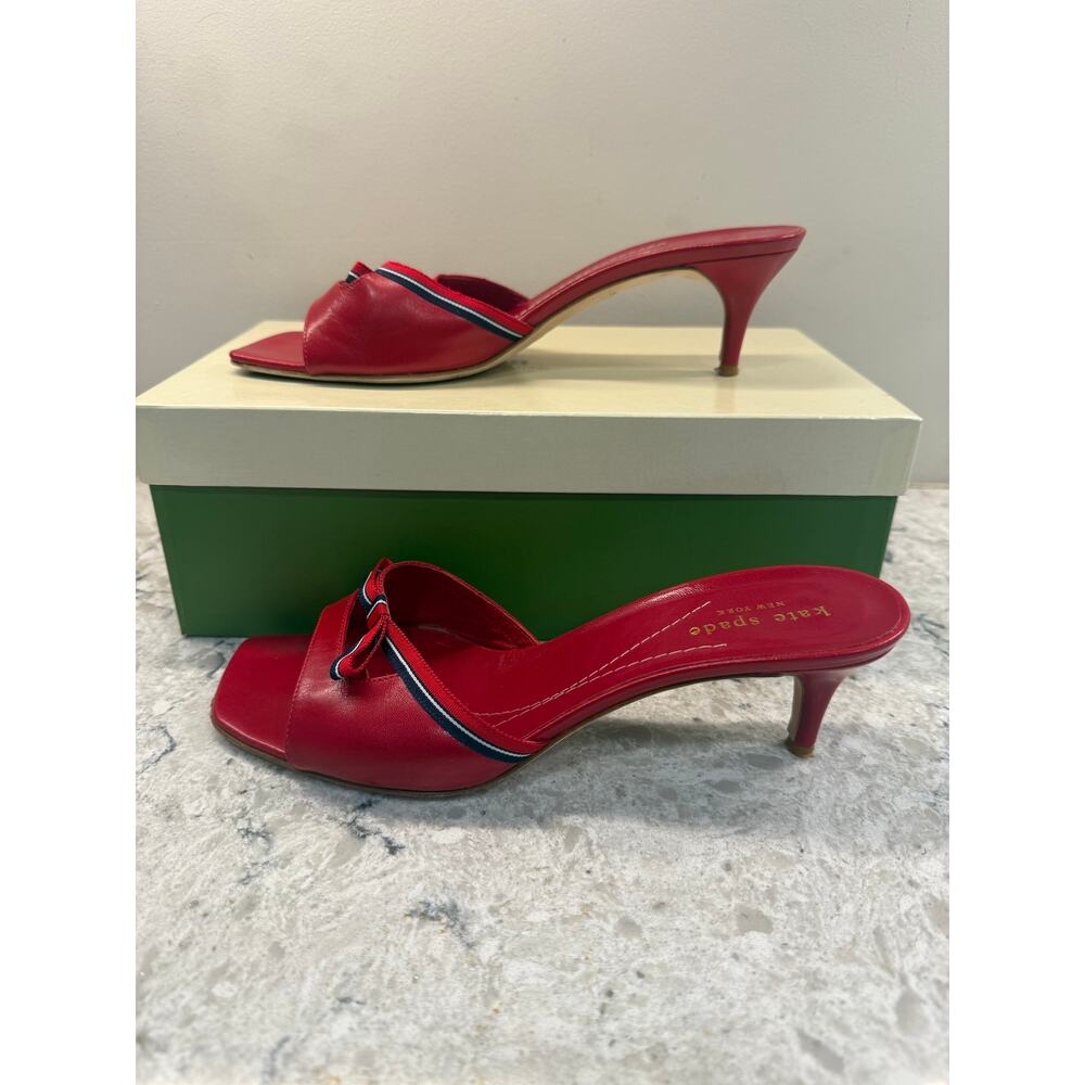 Kate Spade New York Red Leather Slip-on Kitten Heel Blue Striped Bow Size 8 - Picture 3 of 9